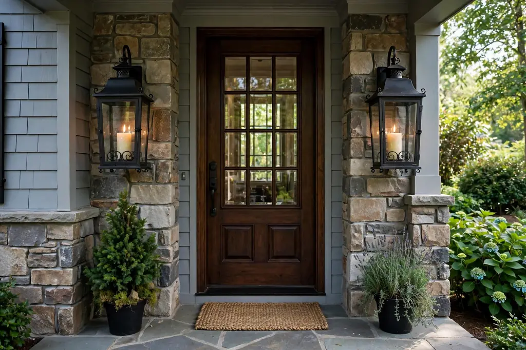 Two matching black metal lanterns with candles flanking a front door on a porch.