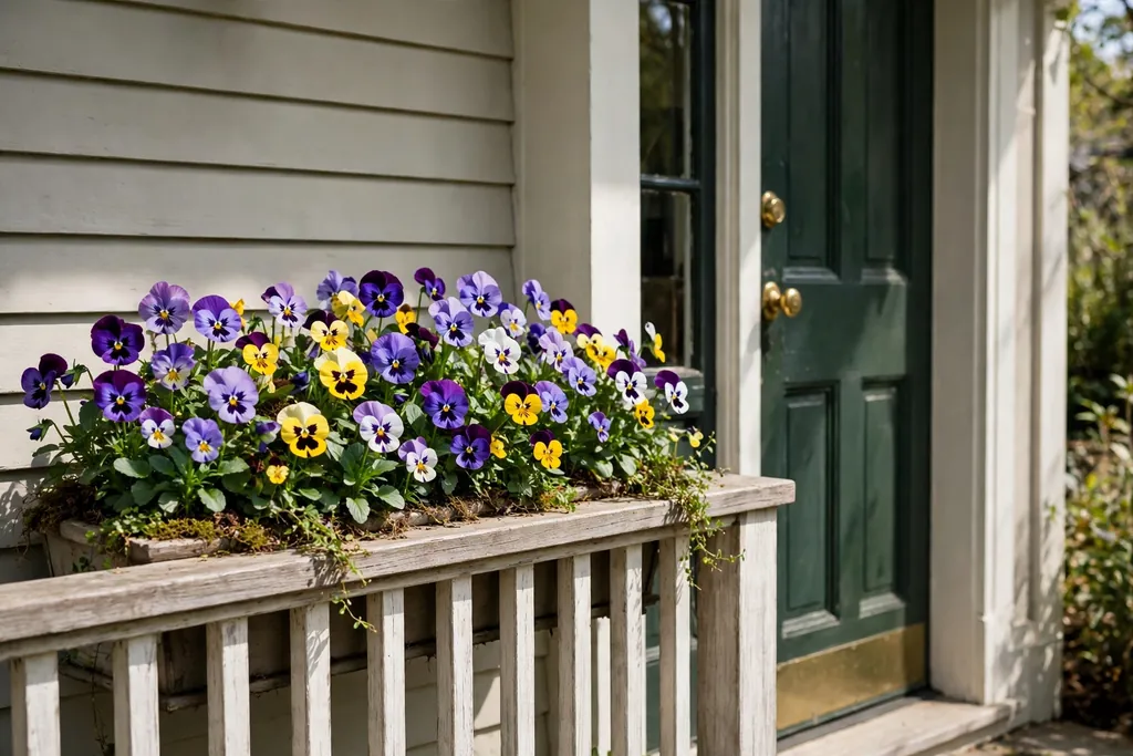 Window box filled with pansies and violas on a porch rail beside a front door.