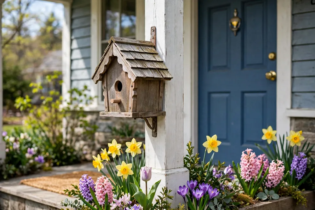 Decorative wooden birdhouse fixed to a porch post beside a front door with spring flowers.