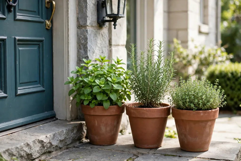 Terracotta pots of mint, rosemary, and thyme lined up beside a front door.
