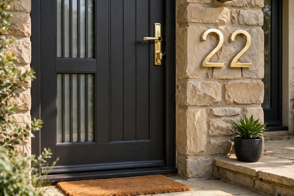 Front door with new brass handle and clear matching house numbers in daylight.