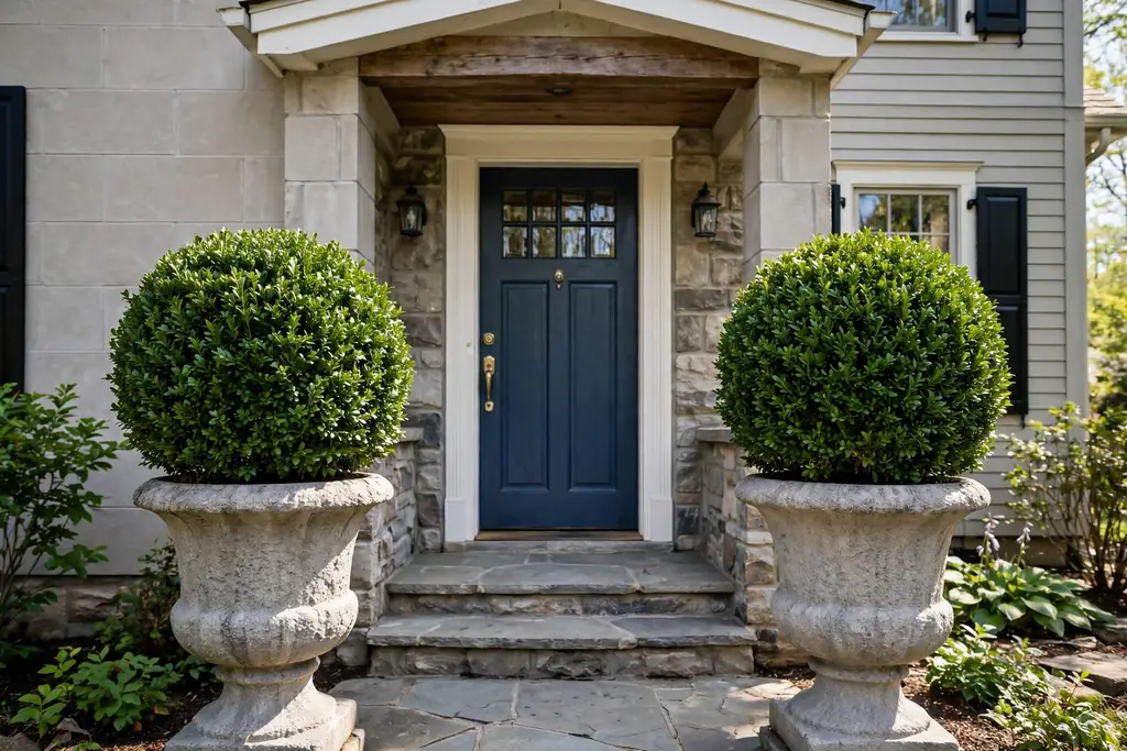Two boxwood ball topiaries in matching urns flanking a front door.