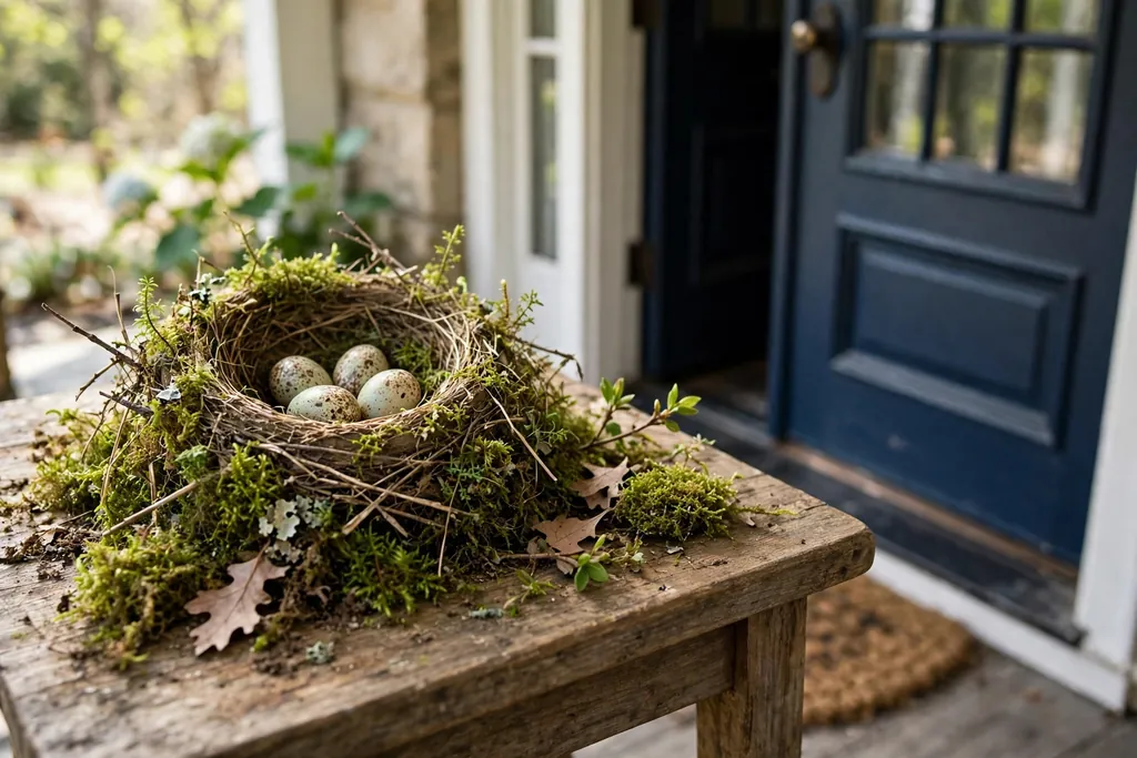 Small spring nest vignette with speckled eggs and moss on a porch side table.