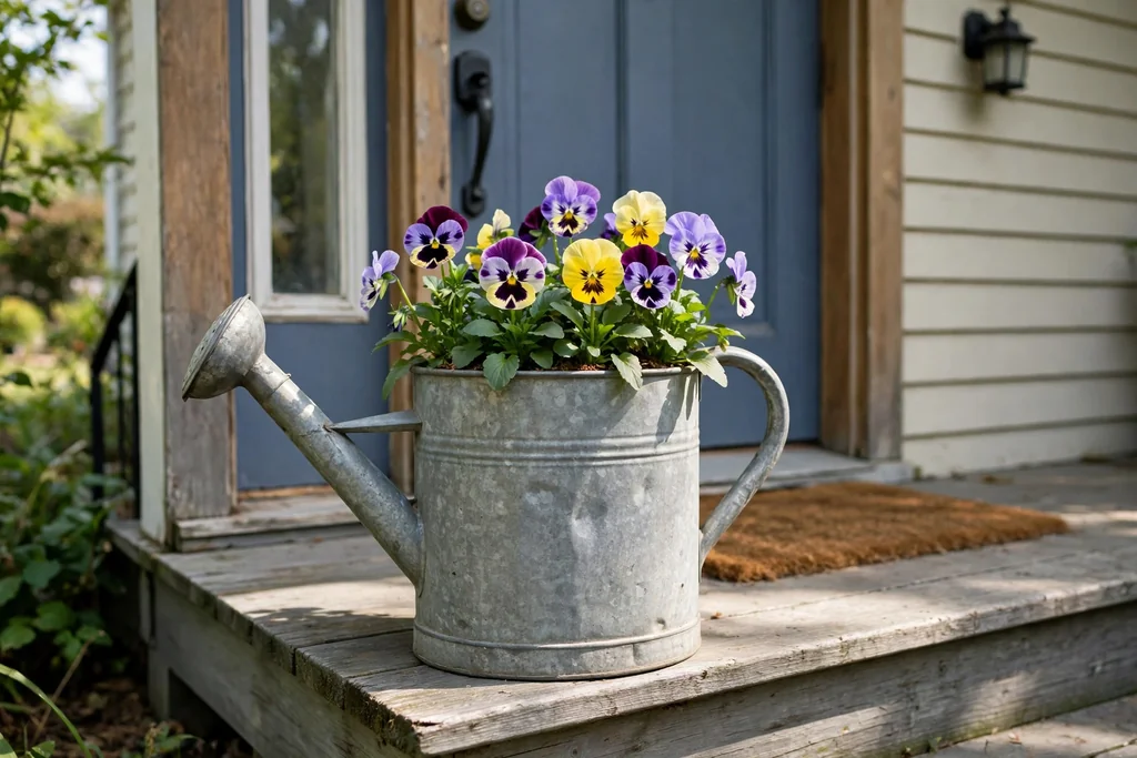Galvanized watering can planted with pansies standing on a porch step by a front door.