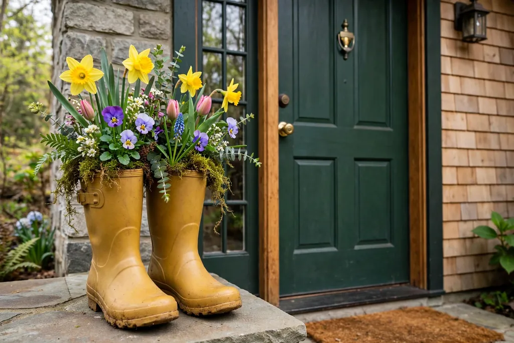 Pair of rain boots planted with spring flowers standing beside a front door.