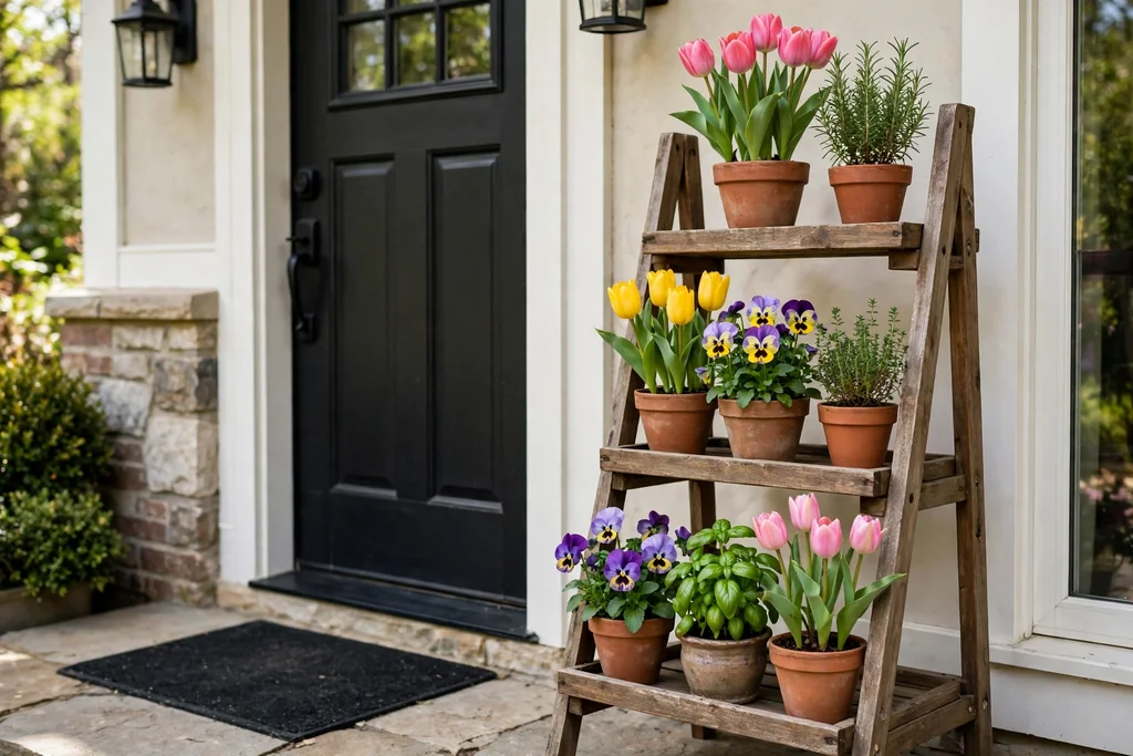 Tiered plant stand with pots of tulips, pansies, and herbs beside a front door.