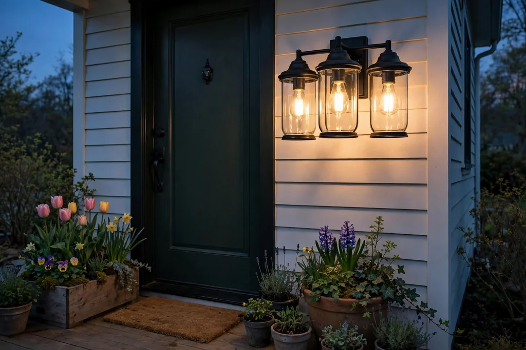 Clean porch light with warm bulbs glowing beside a front door at dusk.