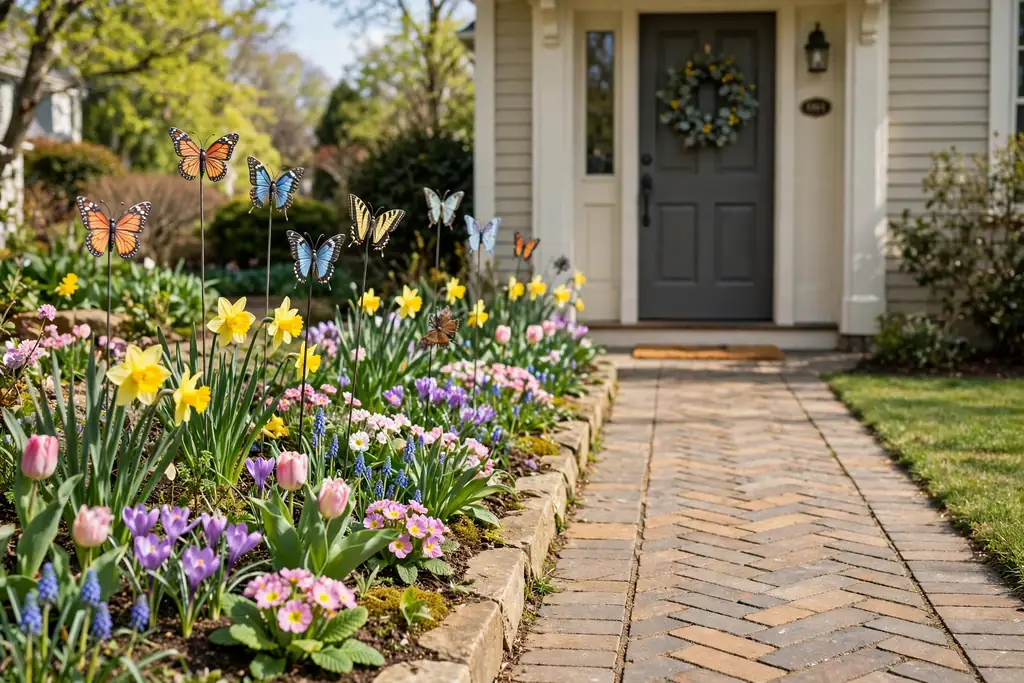 Butterfly garden stakes among spring flowers in a bed beside a front walkway to a door.