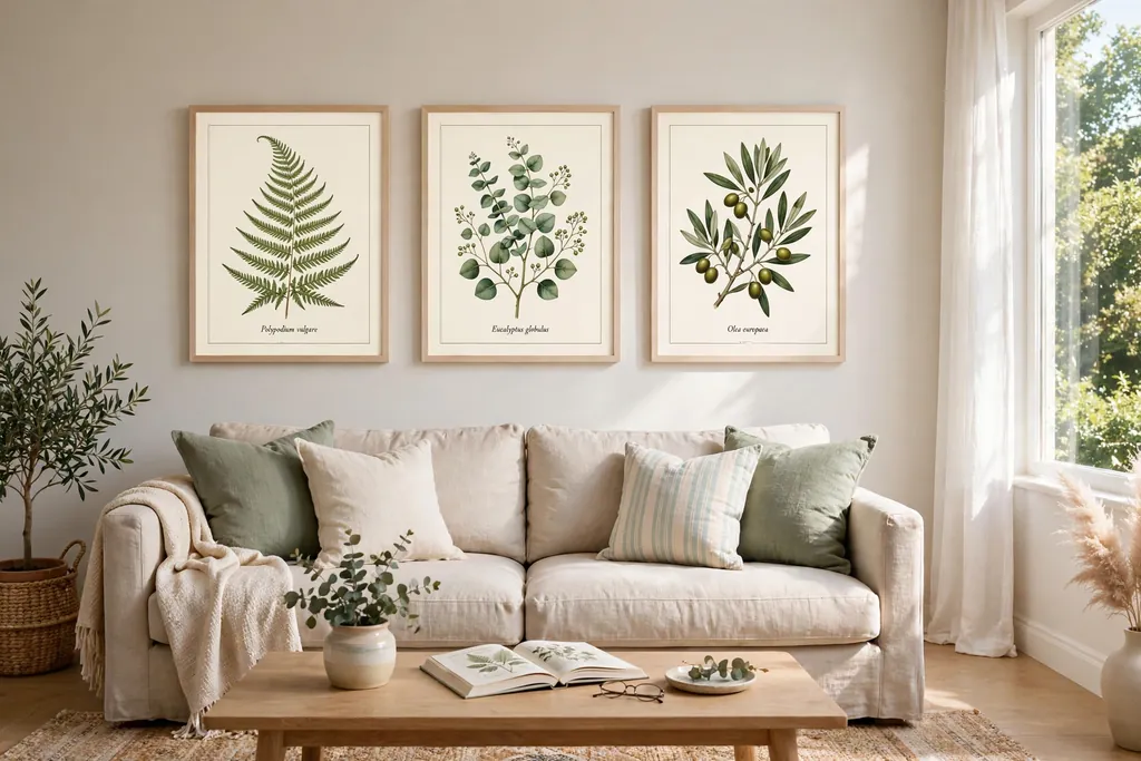 Botanical prints in pale frames hung above a sofa in a bright living room.