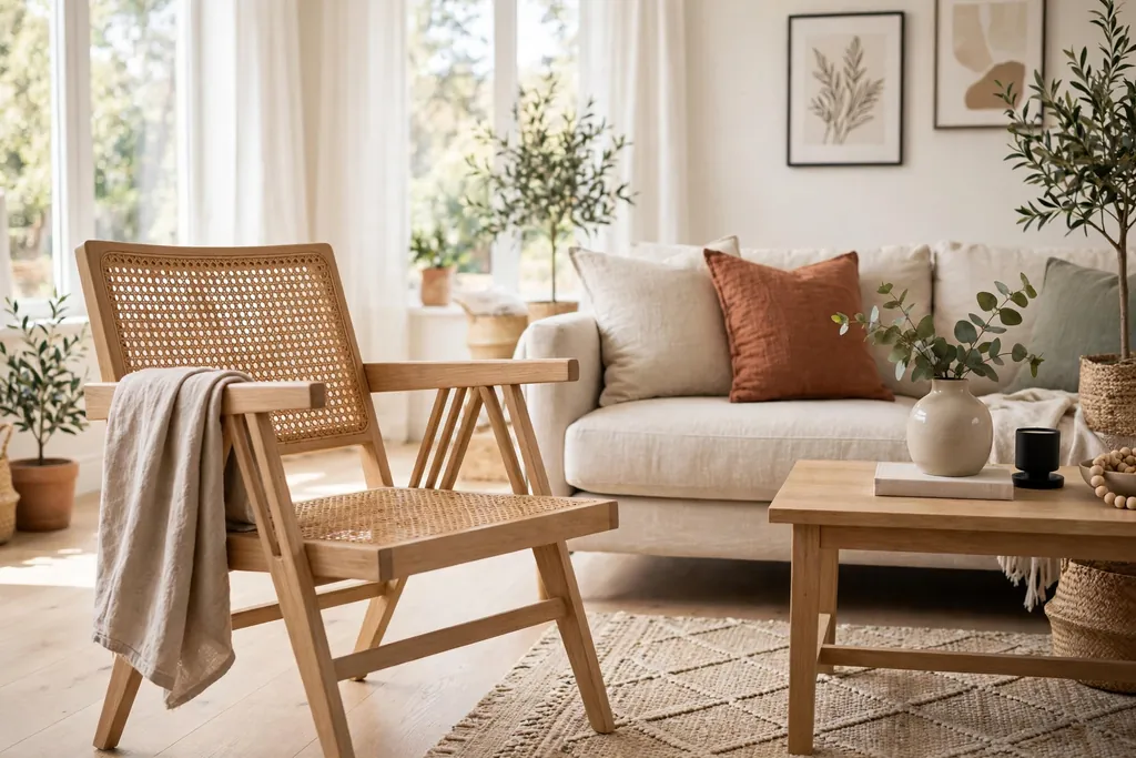 Cane and light wood accent chair angled toward a sofa in a bright living room.
