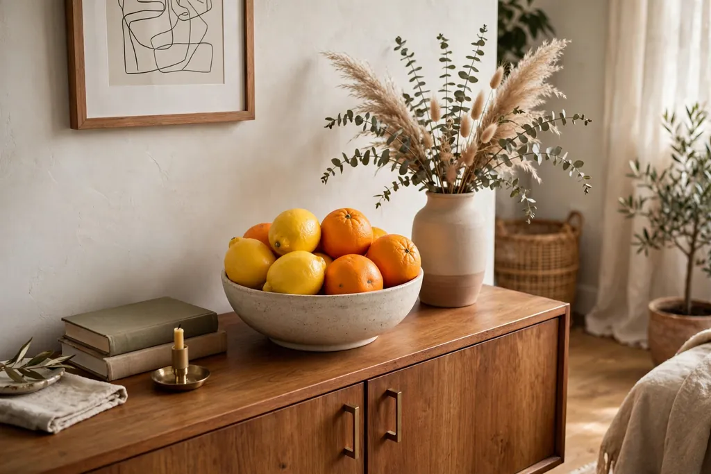 Bowl of lemons and oranges on a living room sideboard beside a vase.