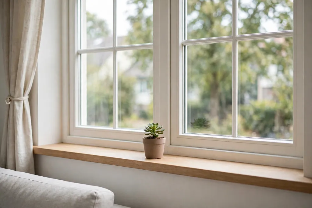 Cleared living room windowsill with one small plant and clean window glass.