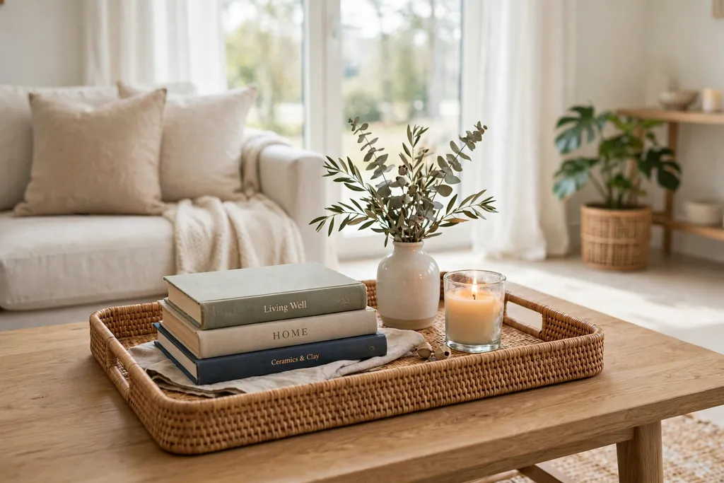 Coffee table tray with a small vase, books, and a candle in a bright living room.