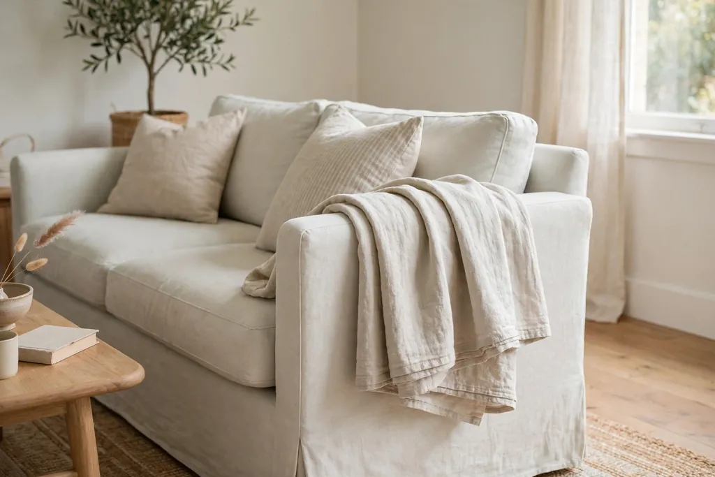 Lightweight cotton throw folded over the arm of a pale living room sofa.