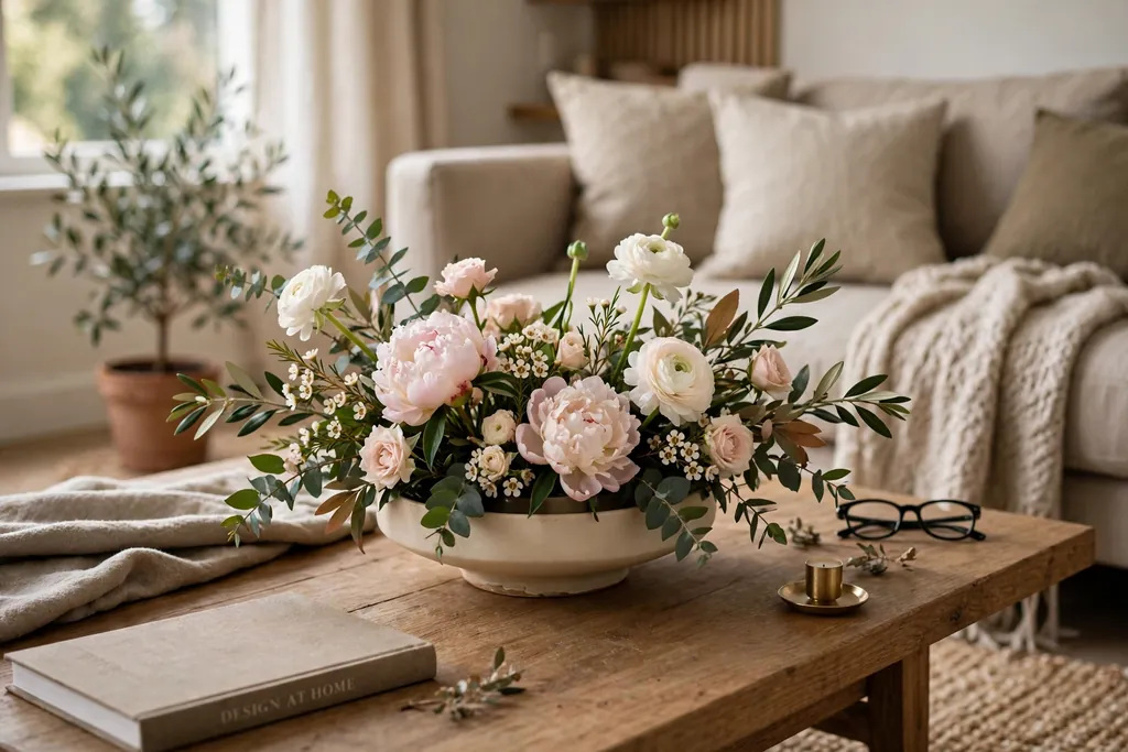 Low fresh flower arrangement in a shallow vase on a living room coffee table.