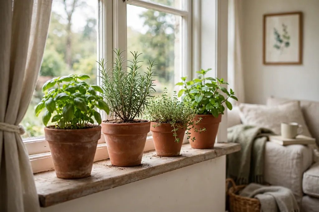 Herb pots in terracotta pots on a bright living room windowsill.