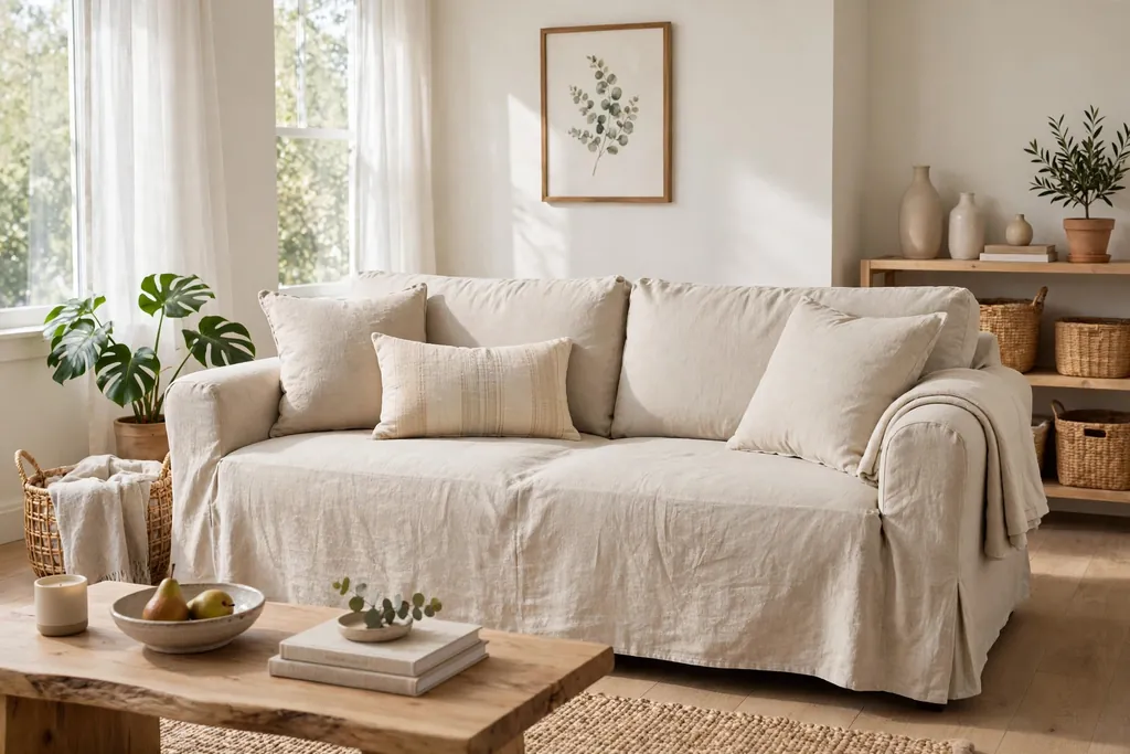 Sofa with a washable light slipcover in oatmeal linen in a bright living room.