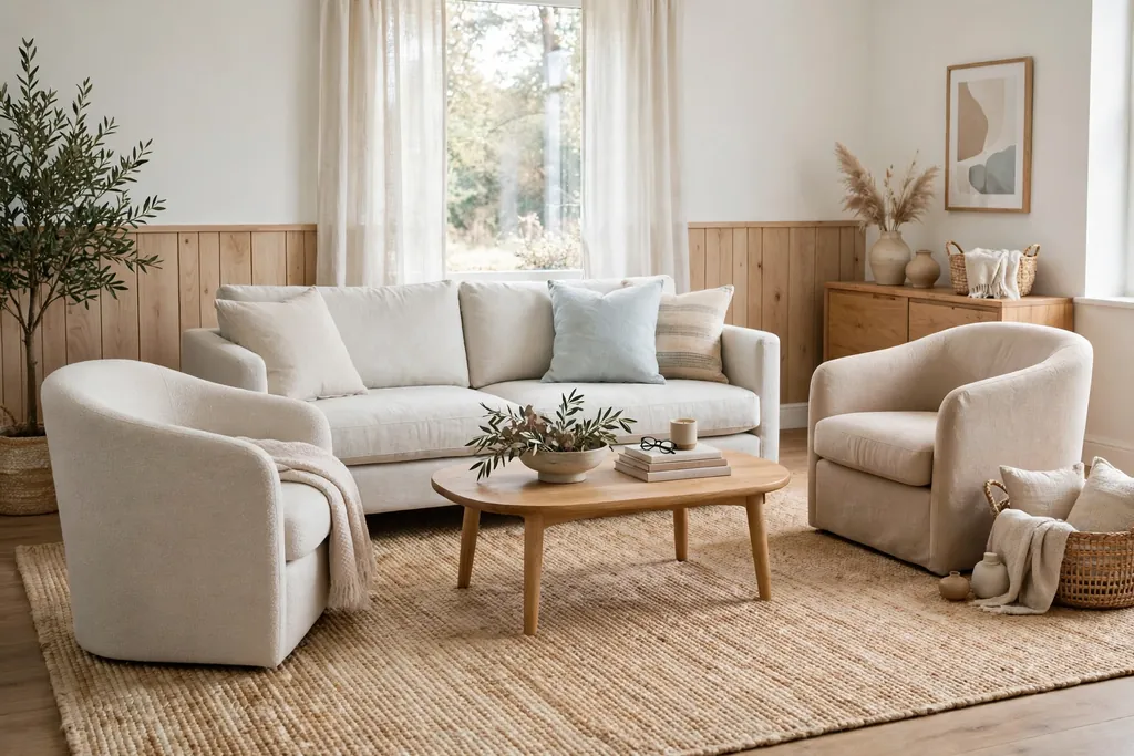 Living room seating group on a light woven jute rug with a pale sofa.
