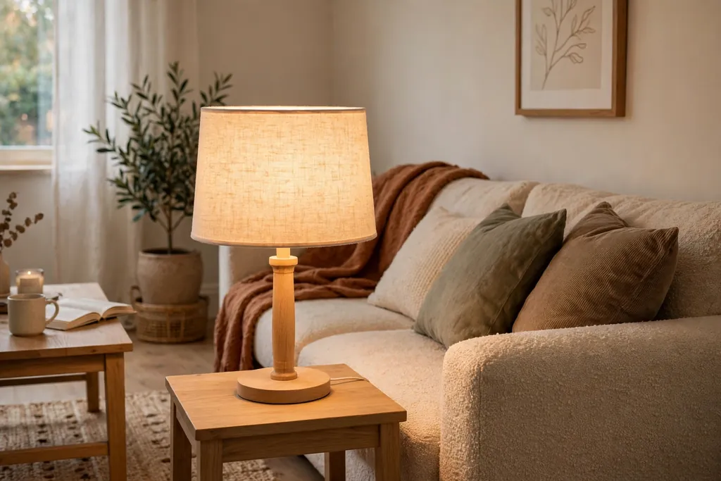 Living room lamp with a light linen shade giving warm white light beside a sofa.