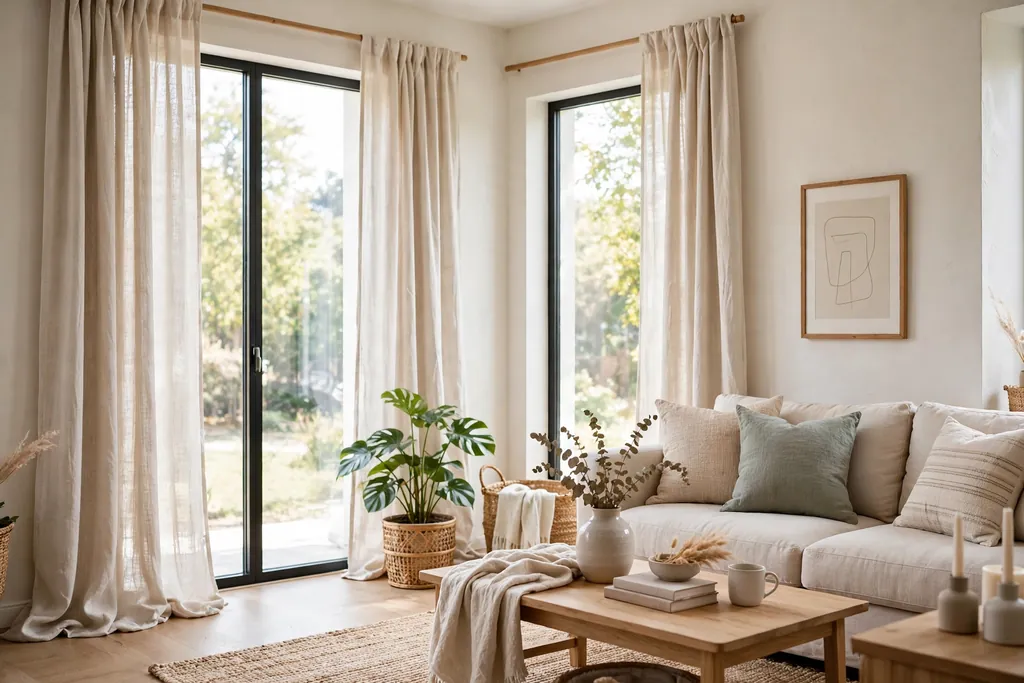 Bright living room with light linen curtains falling to the floor beside large windows.