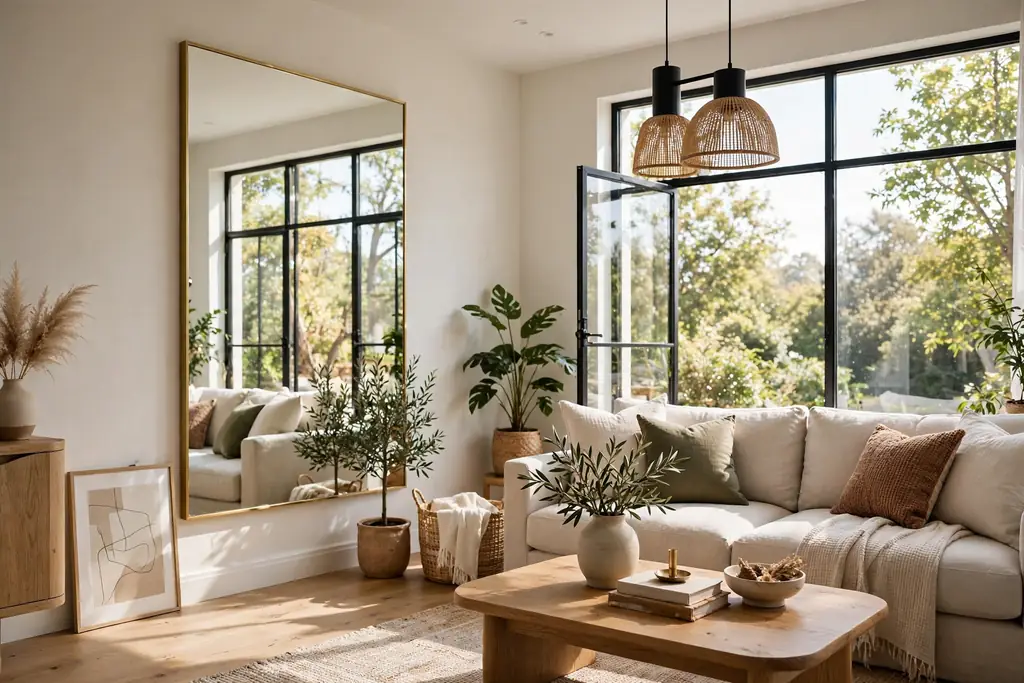 Large mirror opposite a window reflecting daylight in a bright living room.
