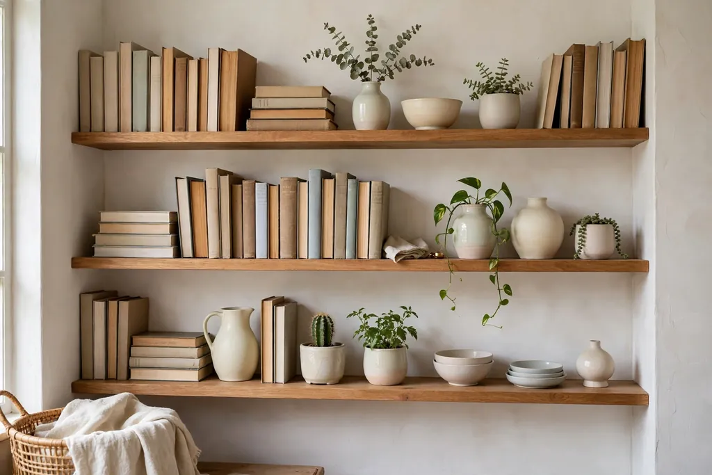 Open living room shelves styled with books, pale ceramics, and small plants.