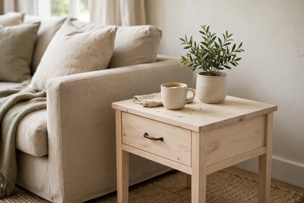 Pale wood side table beside a sofa with a cup and a small plant.