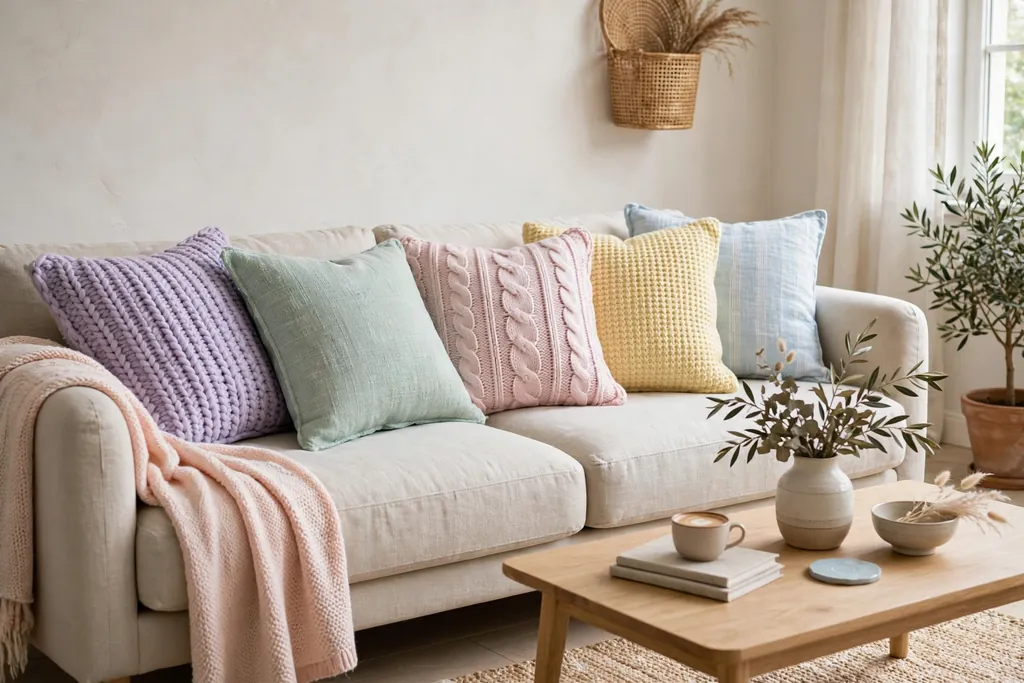 Sofa with pastel cushion covers in mixed linen and knit textures.