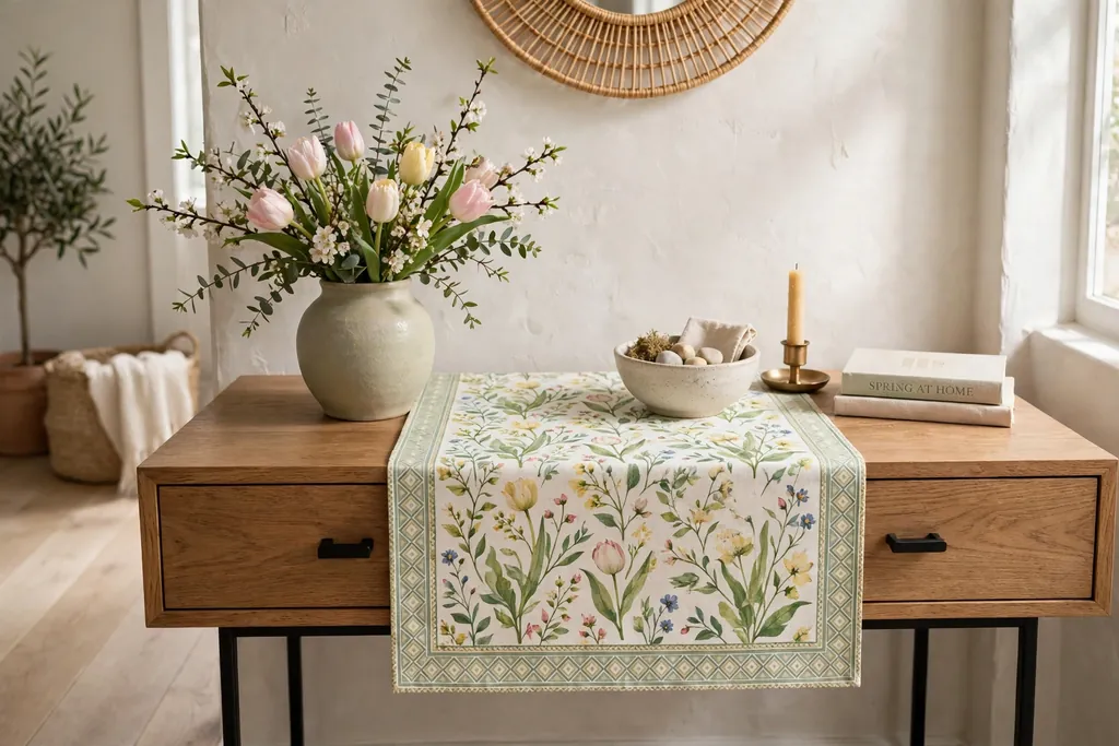 Console table with a patterned spring runner, a vase, and a small bowl.