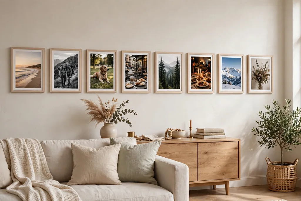 Gallery row of personal photos in matching pale frames along a living room wall.