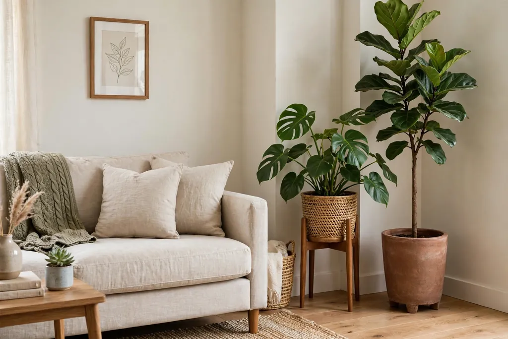 Living room corner with potted plants at three heights beside a sofa.