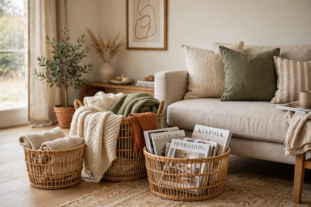 Rattan baskets beside a sofa holding throws and magazines in a living room.