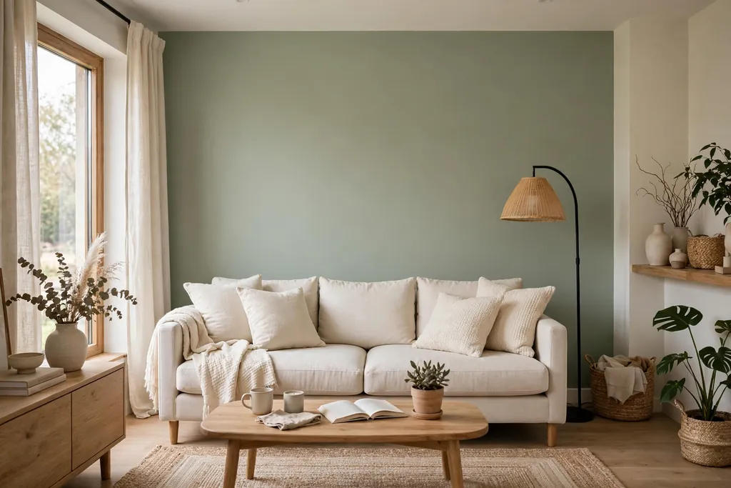 Living room with one soft sage accent wall behind a sofa with cream cushions.