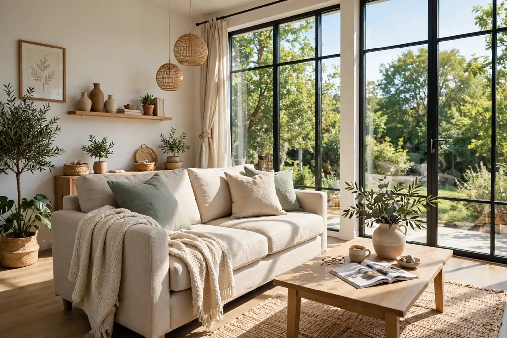 Sofa angled toward large windows and daylight in a bright living room.
