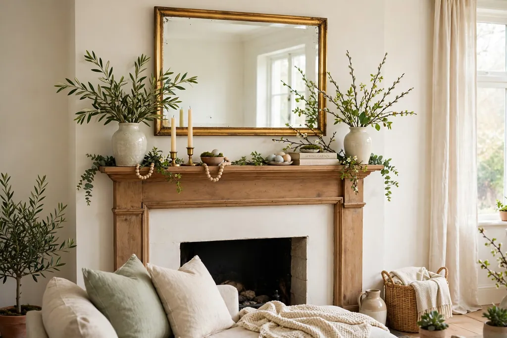 Living room mantel styled for spring with a mirror, green stems, and pale candles.