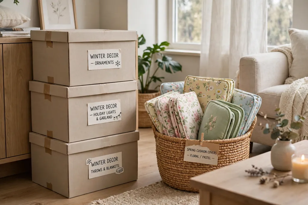 Labeled storage boxes for winter decor beside a basket of spring cushion covers.