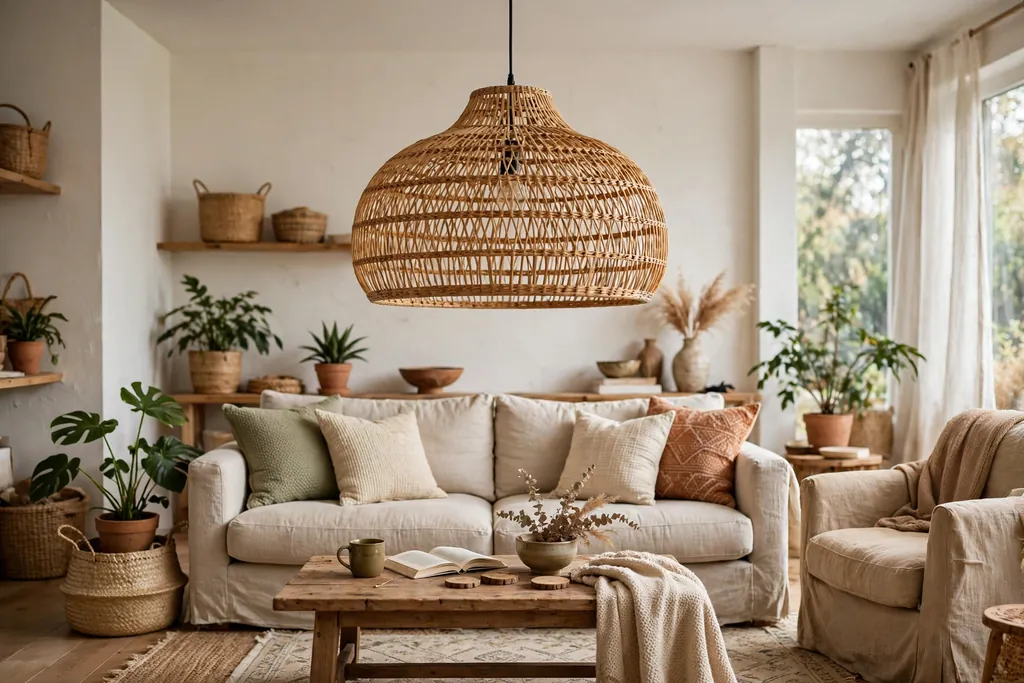 Woven rattan pendant light hanging over a living room seating area.