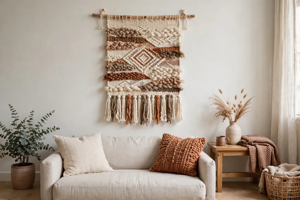 Woven wall hanging in cotton and wool on a plain living room wall.