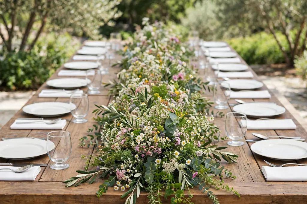 Long dining table with a loose wildflower and greenery runner down the center and plain place settings.