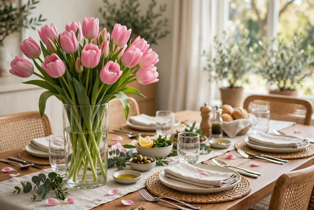 Tall glass vase filled with pink tulips beside a set spring table in daylight.