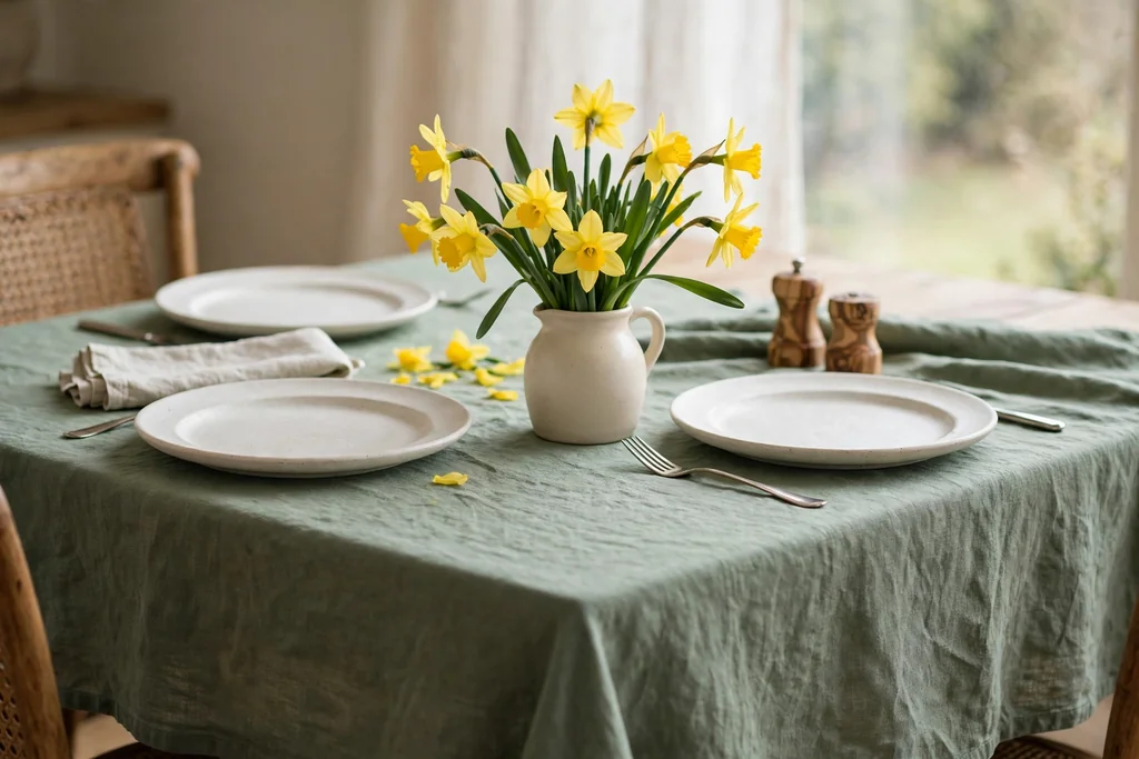 Dining table with a sage green linen cloth, white stoneware plates, and a small jug of daffodils.