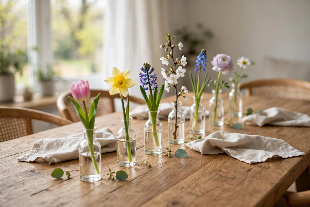 Row of small glass bud vases each holding a single spring stem down the center of a table.