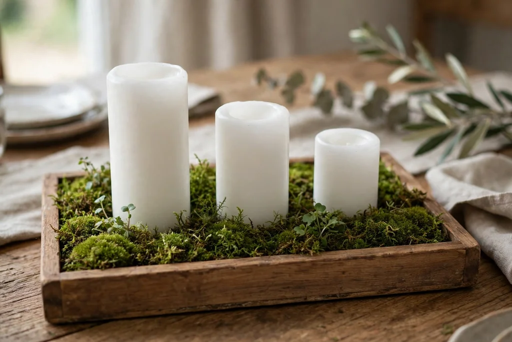 Shallow tray lined with moss holding three white pillar candles of different heights on a table.
