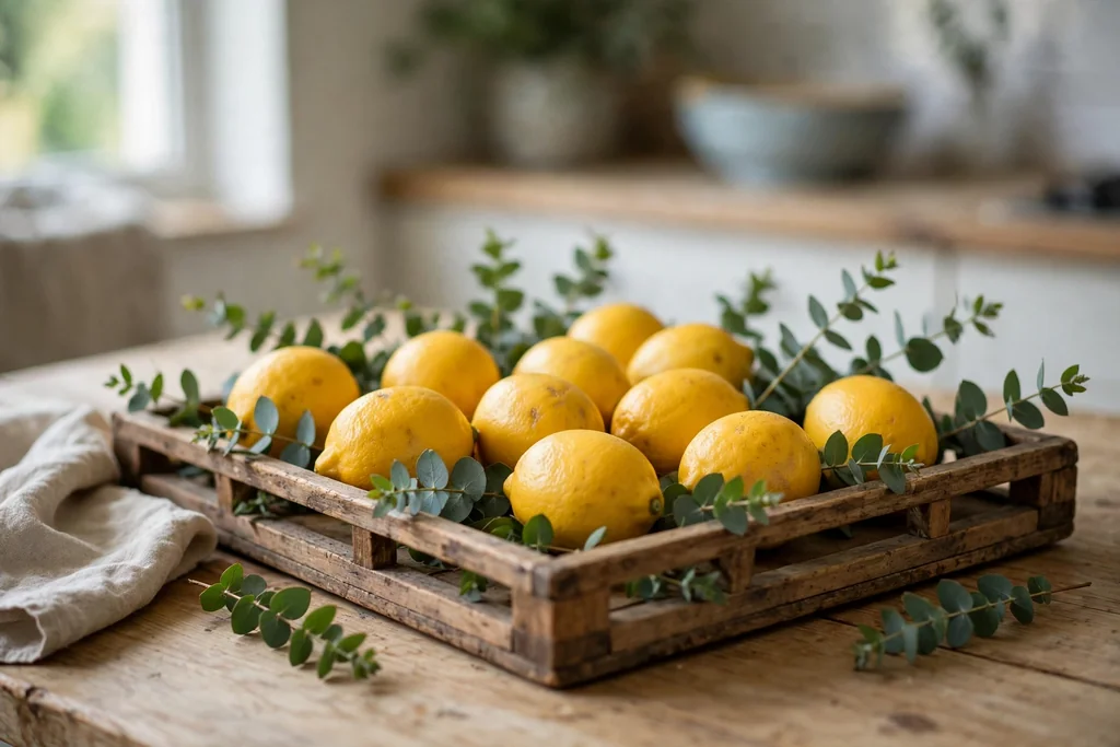 Low wooden tray filled with whole lemons and sprigs of greenery on a kitchen table.