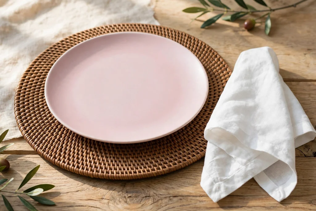 Table setting with a pastel pink plate layered over a plain rattan charger and white napkin.