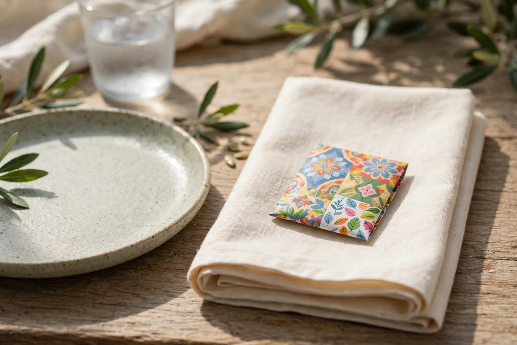 Table setting with a small seed packet place card resting on a folded linen napkin.