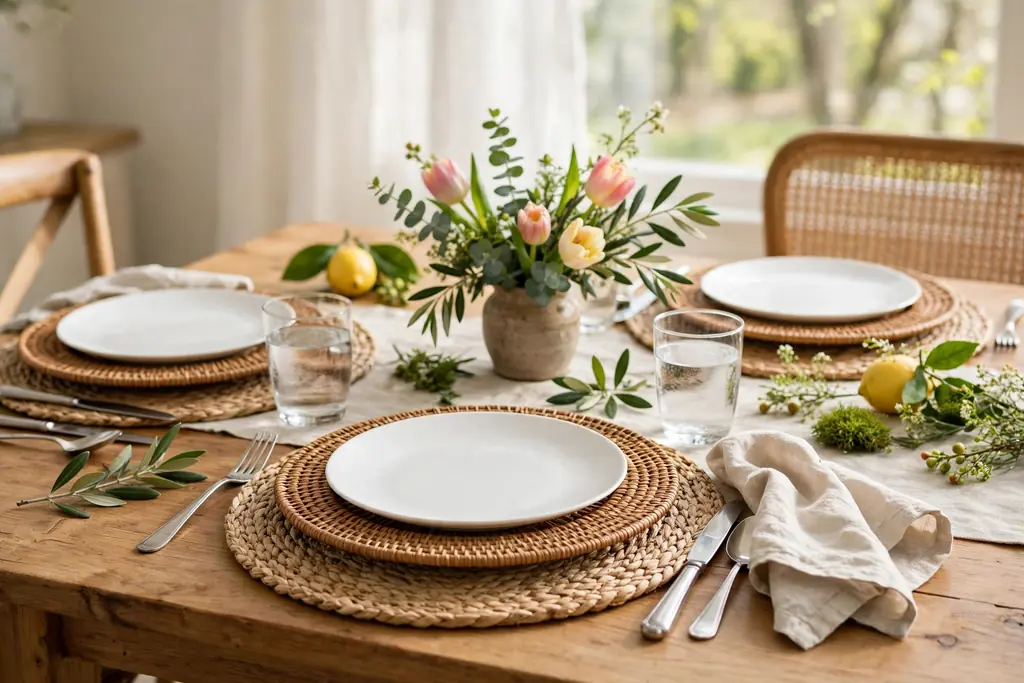 Spring table with woven seagrass placemats, rattan chargers, and linen napkins.