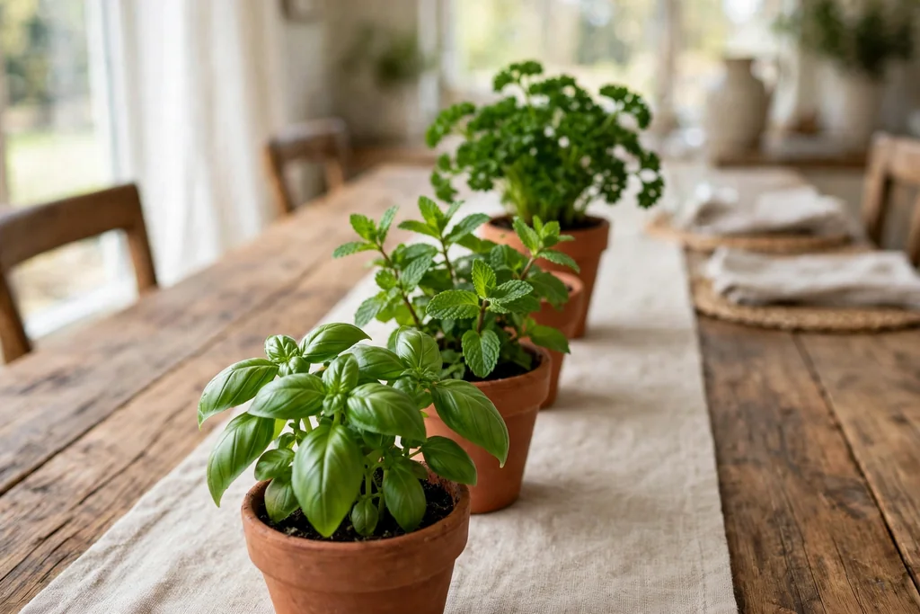 Small terracotta pots of basil, mint, and parsley lined down the center of a dining table.