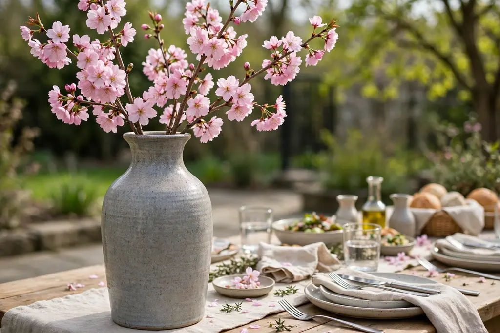 Tall ceramic jug holding cherry blossom branches beside a set spring table.