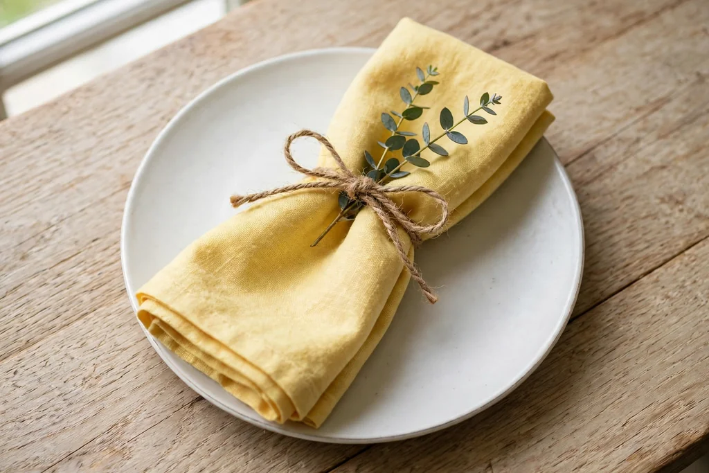 Butter yellow cloth napkin tied with twine and a small sprig of greenery on a plate.